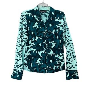 LINDA ALLARD ELLEN TRACY Silk Spandex Floral Blouse Aqua Turquoise Size 8